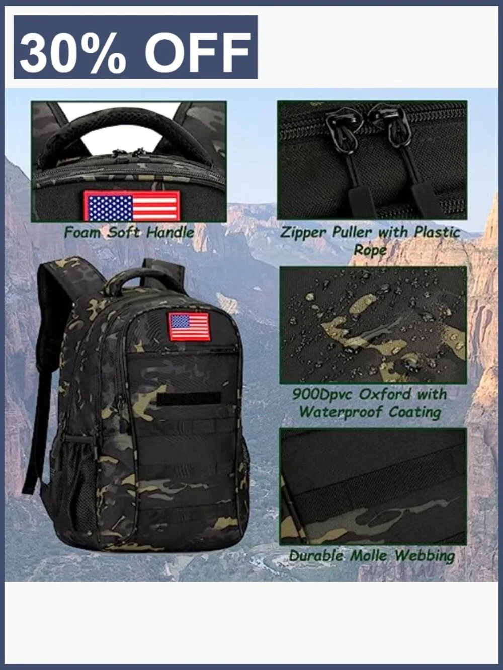 40L Tactical Military Style Backpack with USB Port, Fits 15.6